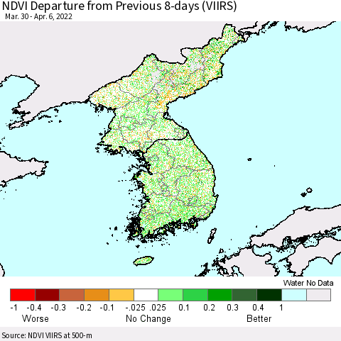 Korea NDVI Departure from Previous 8-days (VIIRS) Thematic Map For 3/30/2022 - 4/6/2022