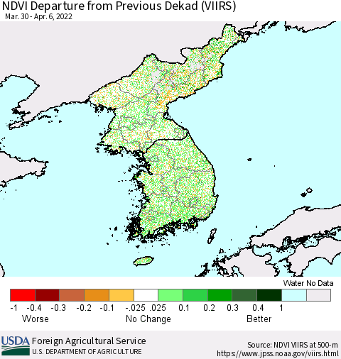 Korea NDVI Departure from Previous Dekad (VIIRS) Thematic Map For 4/1/2022 - 4/10/2022