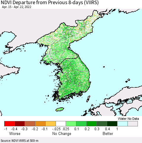 Korea NDVI Departure from Previous 8-days (VIIRS) Thematic Map For 4/15/2022 - 4/22/2022