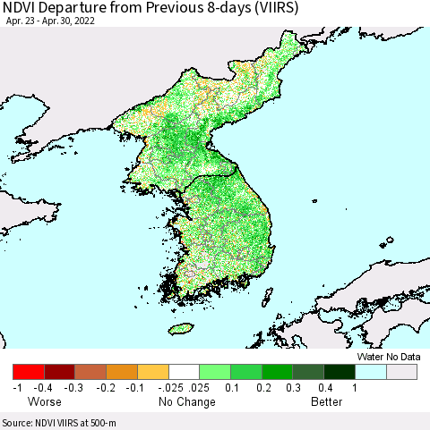Korea NDVI Departure from Previous Dekad (VIIRS) Thematic Map For 4/21/2022 - 4/30/2022