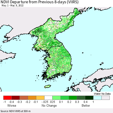 Korea NDVI Departure from Previous 8-days (VIIRS) Thematic Map For 5/1/2022 - 5/8/2022