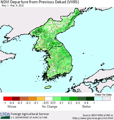 Korea NDVI Departure from Previous Dekad (VIIRS) Thematic Map For 5/1/2022 - 5/10/2022