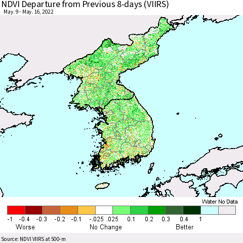 Korea NDVI Departure from Previous 8-days (VIIRS) Thematic Map For 5/9/2022 - 5/16/2022