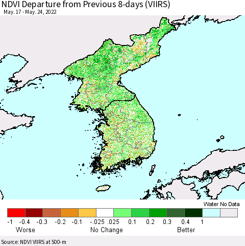 Korea NDVI Departure from Previous 8-days (VIIRS) Thematic Map For 5/17/2022 - 5/24/2022