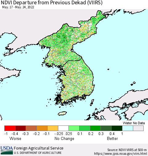 Korea NDVI Departure from Previous Dekad (VIIRS) Thematic Map For 5/21/2022 - 5/31/2022