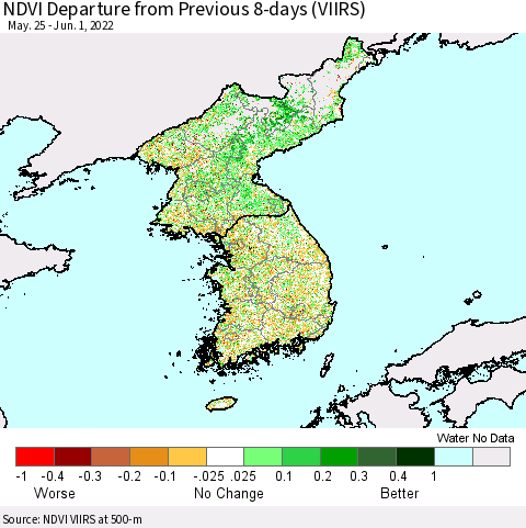 Korea NDVI Departure from Previous 8-days (VIIRS) Thematic Map For 5/25/2022 - 6/1/2022