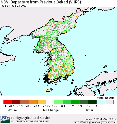 Korea NDVI Departure from Previous Dekad (VIIRS) Thematic Map For 6/21/2022 - 6/30/2022