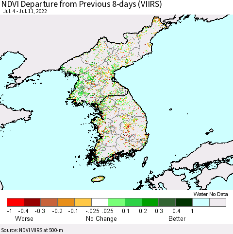 Korea NDVI Departure from Previous 8-days (VIIRS) Thematic Map For 7/4/2022 - 7/11/2022