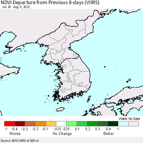Korea NDVI Departure from Previous 8-days (VIIRS) Thematic Map For 7/28/2022 - 8/4/2022