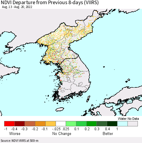 Korea NDVI Departure from Previous 8-days (VIIRS) Thematic Map For 8/13/2022 - 8/20/2022