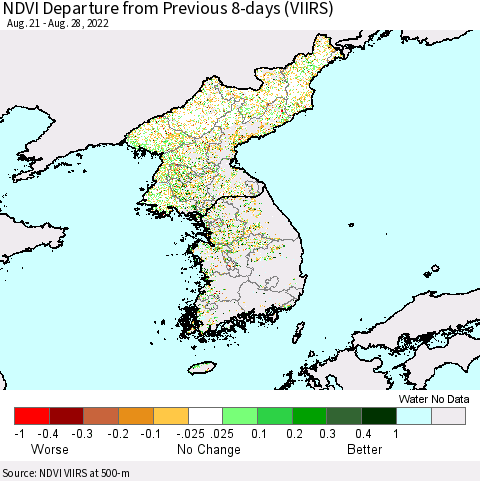 Korea NDVI Departure from Previous 8-days (VIIRS) Thematic Map For 8/21/2022 - 8/28/2022
