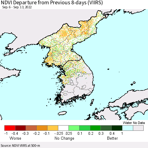 Korea NDVI Departure from Previous 8-days (VIIRS) Thematic Map For 9/6/2022 - 9/13/2022