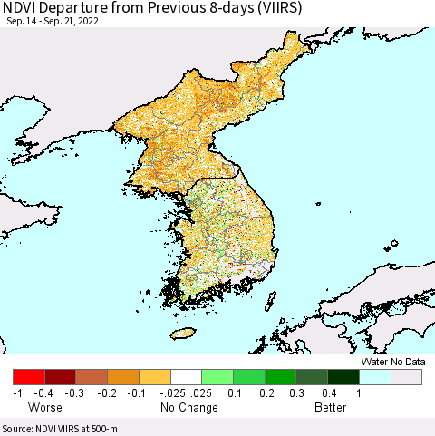 Korea NDVI Departure from Previous 8-days (VIIRS) Thematic Map For 9/14/2022 - 9/21/2022