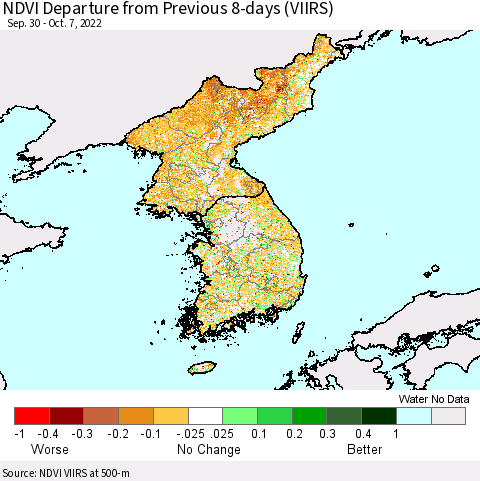 Korea NDVI Departure from Previous 8-days (VIIRS) Thematic Map For 9/30/2022 - 10/7/2022