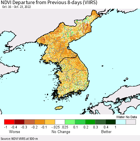 Korea NDVI Departure from Previous 8-days (VIIRS) Thematic Map For 10/16/2022 - 10/23/2022
