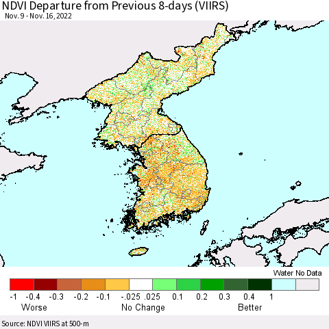 Korea NDVI Departure from Previous 8-days (VIIRS) Thematic Map For 11/9/2022 - 11/16/2022