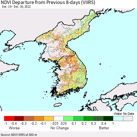 Korea NDVI Departure from Previous 8-days (VIIRS) Thematic Map For 12/19/2022 - 12/26/2022