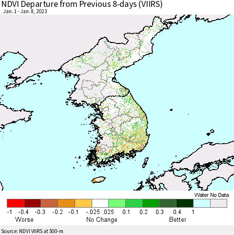 Korea NDVI Departure from Previous 8-days (VIIRS) Thematic Map For 1/1/2023 - 1/8/2023