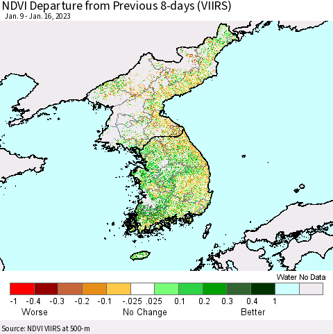 Korea NDVI Departure from Previous 8-days (VIIRS) Thematic Map For 1/9/2023 - 1/16/2023