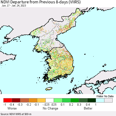 Korea NDVI Departure from Previous 8-days (VIIRS) Thematic Map For 1/17/2023 - 1/24/2023