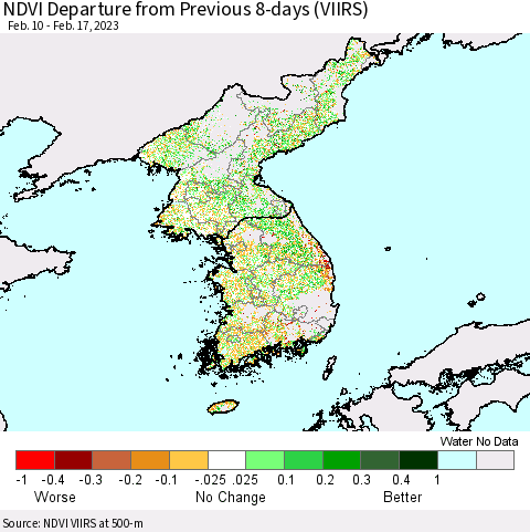 Korea NDVI Departure from Previous 8-days (VIIRS) Thematic Map For 2/10/2023 - 2/17/2023