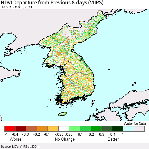 Korea NDVI Departure from Previous 8-days (VIIRS) Thematic Map For 2/26/2023 - 3/5/2023