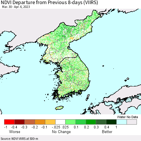Korea NDVI Departure from Previous 8-days (VIIRS) Thematic Map For 3/30/2023 - 4/6/2023