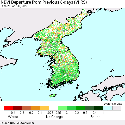 Korea NDVI Departure from Previous Dekad (VIIRS) Thematic Map For 4/21/2023 - 4/30/2023