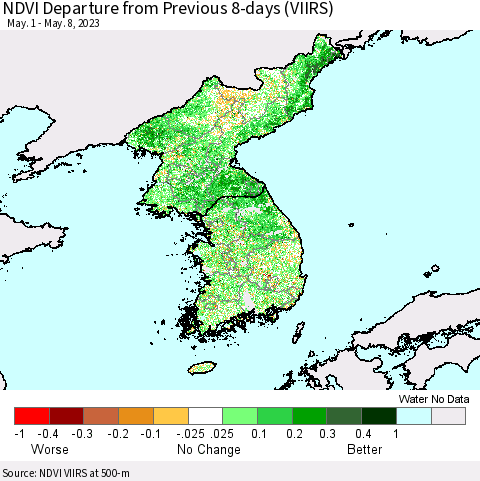 Korea NDVI Departure from Previous 8-days (VIIRS) Thematic Map For 5/1/2023 - 5/8/2023