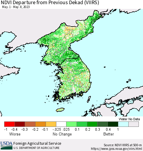 Korea NDVI Departure from Previous Dekad (VIIRS) Thematic Map For 5/1/2023 - 5/10/2023