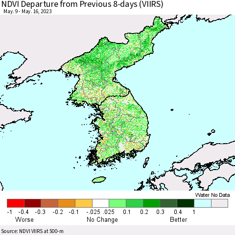 Korea NDVI Departure from Previous 8-days (VIIRS) Thematic Map For 5/9/2023 - 5/16/2023