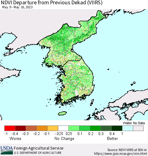 Korea NDVI Departure from Previous Dekad (VIIRS) Thematic Map For 5/11/2023 - 5/20/2023