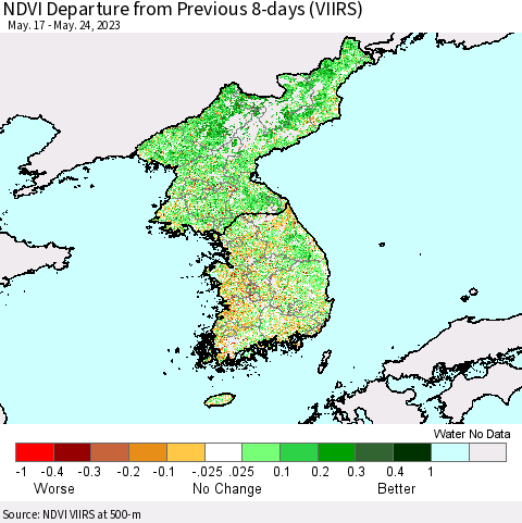 Korea NDVI Departure from Previous 8-days (VIIRS) Thematic Map For 5/17/2023 - 5/24/2023