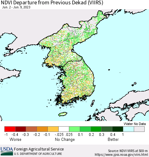 Korea NDVI Departure from Previous Dekad (VIIRS) Thematic Map For 6/1/2023 - 6/10/2023