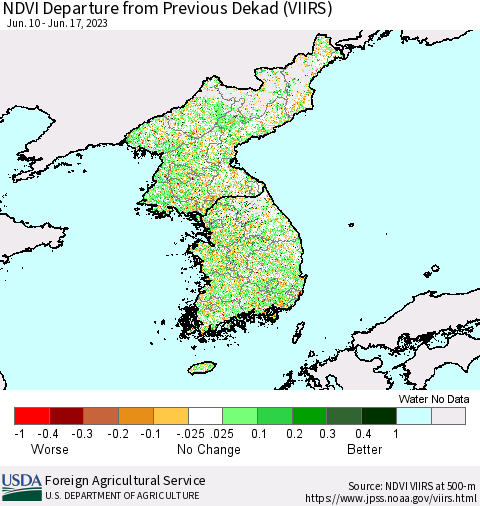 Korea NDVI Departure from Previous Dekad (VIIRS) Thematic Map For 6/11/2023 - 6/20/2023