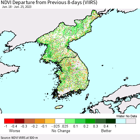 Korea NDVI Departure from Previous 8-days (VIIRS) Thematic Map For 6/18/2023 - 6/25/2023