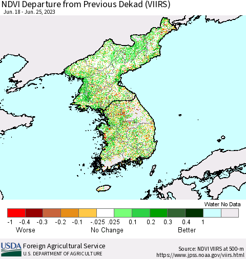 Korea NDVI Departure from Previous Dekad (VIIRS) Thematic Map For 6/21/2023 - 6/30/2023