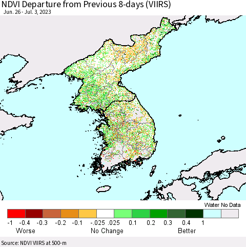 Korea NDVI Departure from Previous 8-days (VIIRS) Thematic Map For 6/26/2023 - 7/3/2023