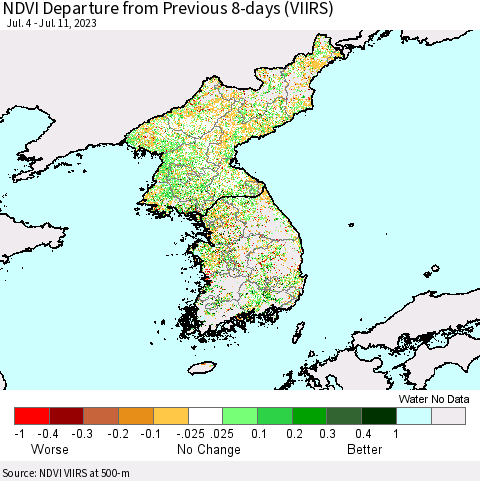 Korea NDVI Departure from Previous 8-days (VIIRS) Thematic Map For 7/4/2023 - 7/11/2023