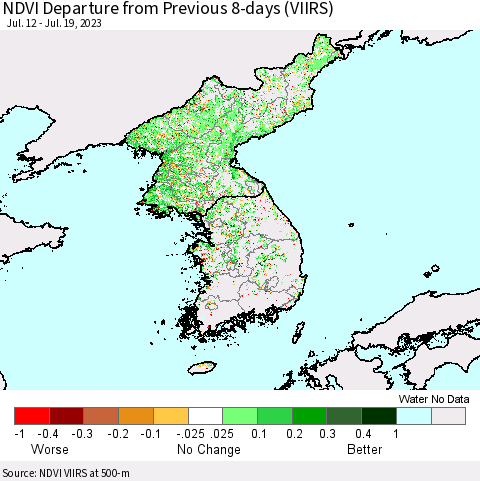 Korea NDVI Departure from Previous 8-days (VIIRS) Thematic Map For 7/12/2023 - 7/19/2023