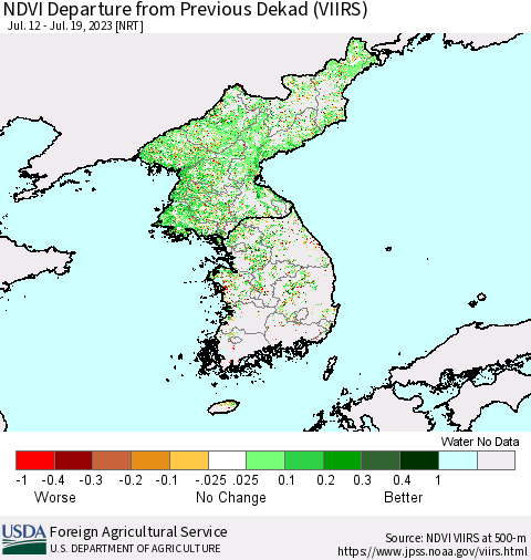 Korea NDVI Departure from Previous Dekad (VIIRS) Thematic Map For 7/11/2023 - 7/20/2023