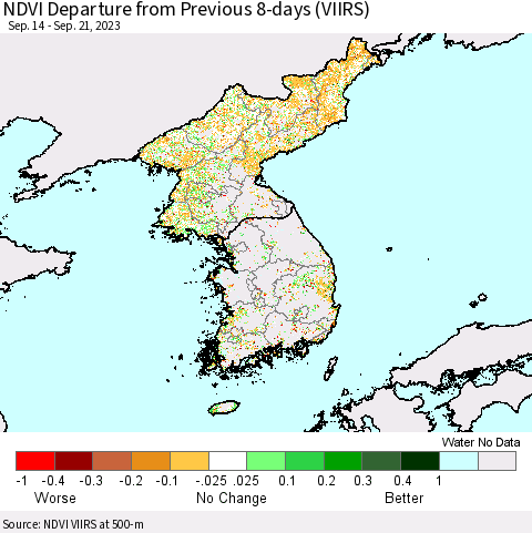 Korea NDVI Departure from Previous 8-days (VIIRS) Thematic Map For 9/14/2023 - 9/21/2023