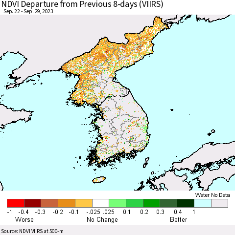 Korea NDVI Departure from Previous 8-days (VIIRS) Thematic Map For 9/22/2023 - 9/29/2023