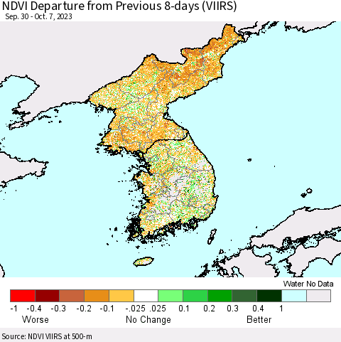 Korea NDVI Departure from Previous 8-days (VIIRS) Thematic Map For 9/30/2023 - 10/7/2023