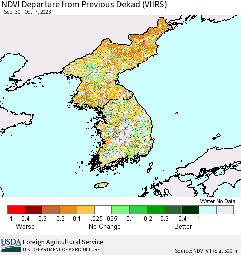 Korea NDVI Departure from Previous Dekad (VIIRS) Thematic Map For 10/1/2023 - 10/10/2023