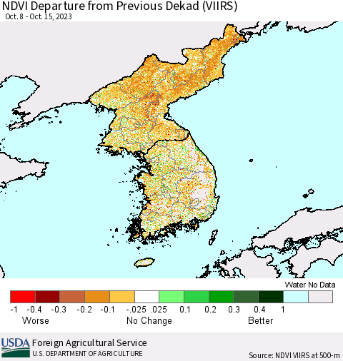 Korea NDVI Departure from Previous Dekad (VIIRS) Thematic Map For 10/11/2023 - 10/20/2023