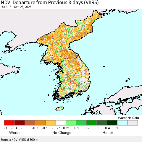 Korea NDVI Departure from Previous 8-days (VIIRS) Thematic Map For 10/16/2023 - 10/23/2023