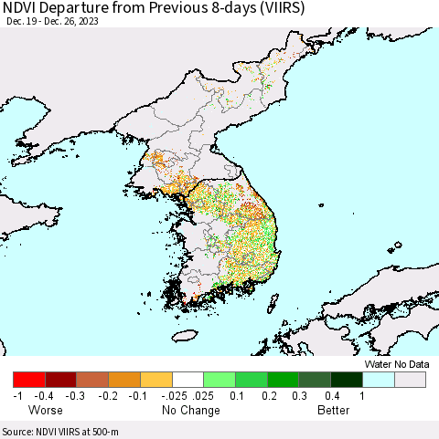 Korea NDVI Departure from Previous 8-days (VIIRS) Thematic Map For 12/19/2023 - 12/26/2023