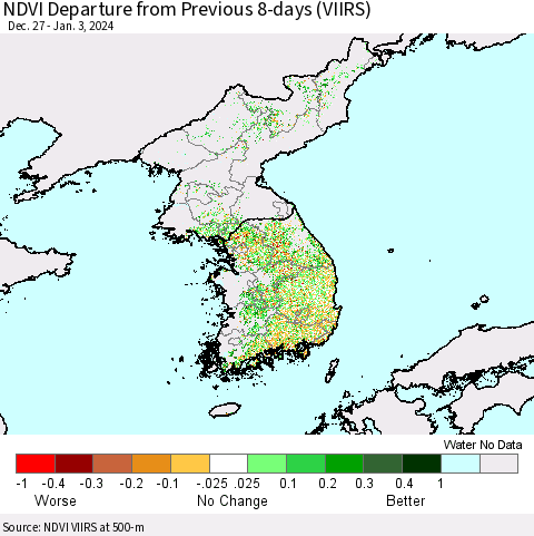 Korea NDVI Departure from Previous 8-days (VIIRS) Thematic Map For 12/27/2023 - 1/3/2024