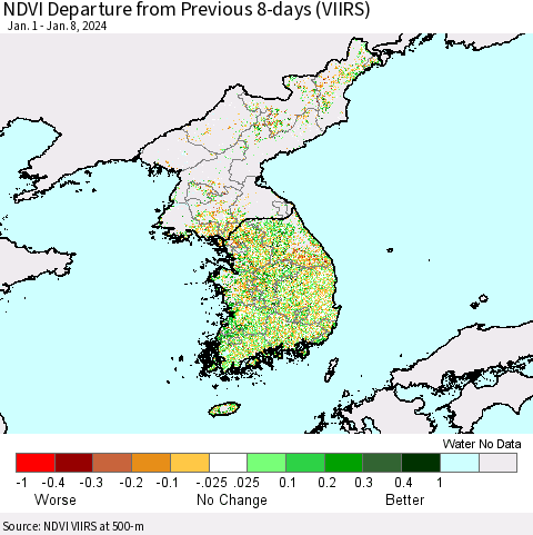 Korea NDVI Departure from Previous 8-days (VIIRS) Thematic Map For 1/1/2024 - 1/8/2024